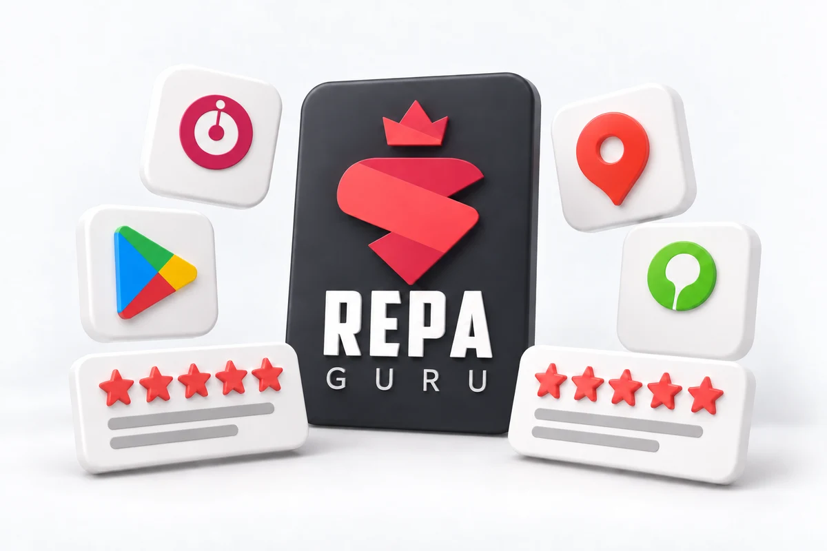 Repa Guru объединяет работу с отзывами на Яндекс Картах, 2ГИС, Отзовике и Google Play
