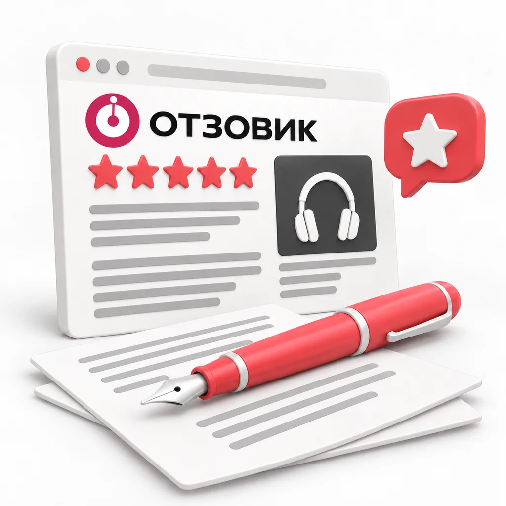 Отзовик: окно с отзывом, фирменный логотип и перьевая ручка